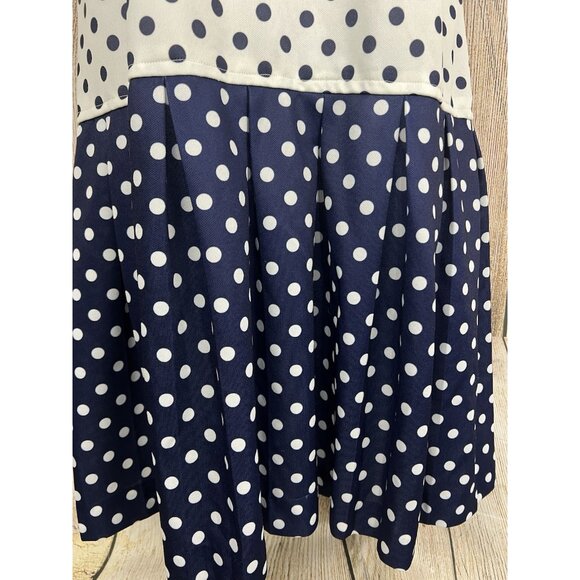 Vintage 60s 70s Mod Polka Dot Drop Waist Dress Sz M Navy Blue White Twiggy USA - Picture 3 of 8